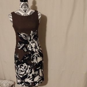 Just Taylor Pencil Dress Sz 2 Floral Brown/Black/White Pockets Zip Midi Lined